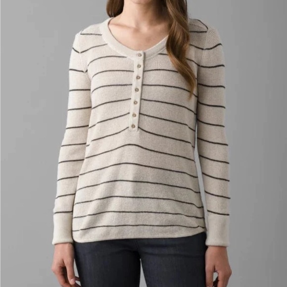 Prana Milani Henley Oatmeal Stripe Size Medium - Picture 1 of 11
